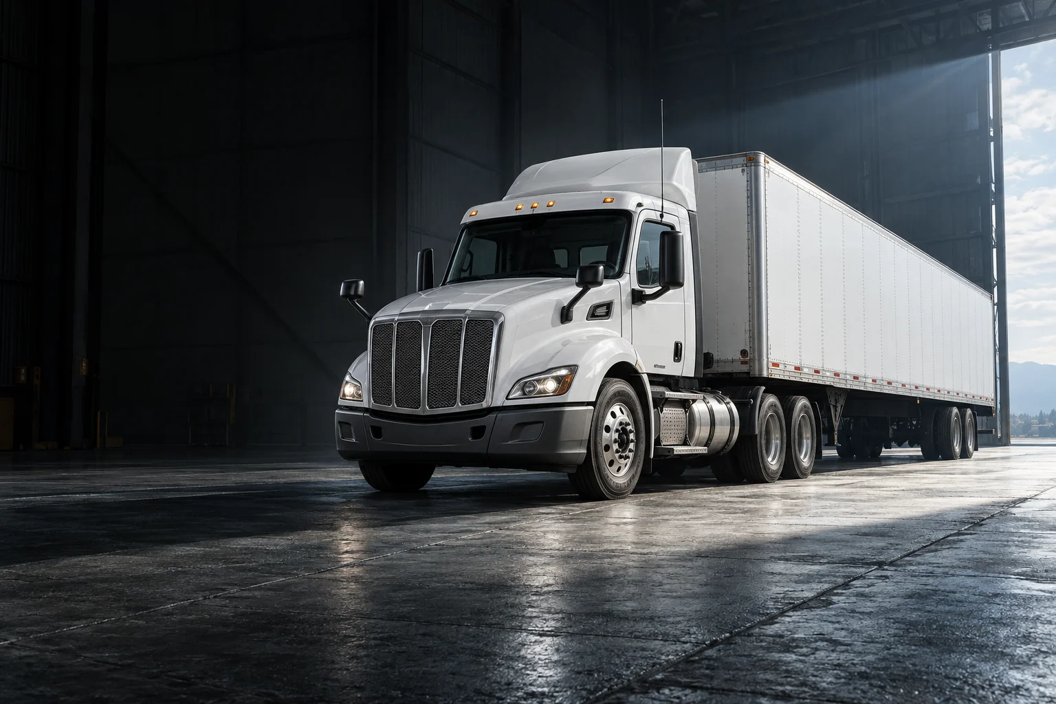 Illustrative Class A white truck with a trailer in a spacious warehouse