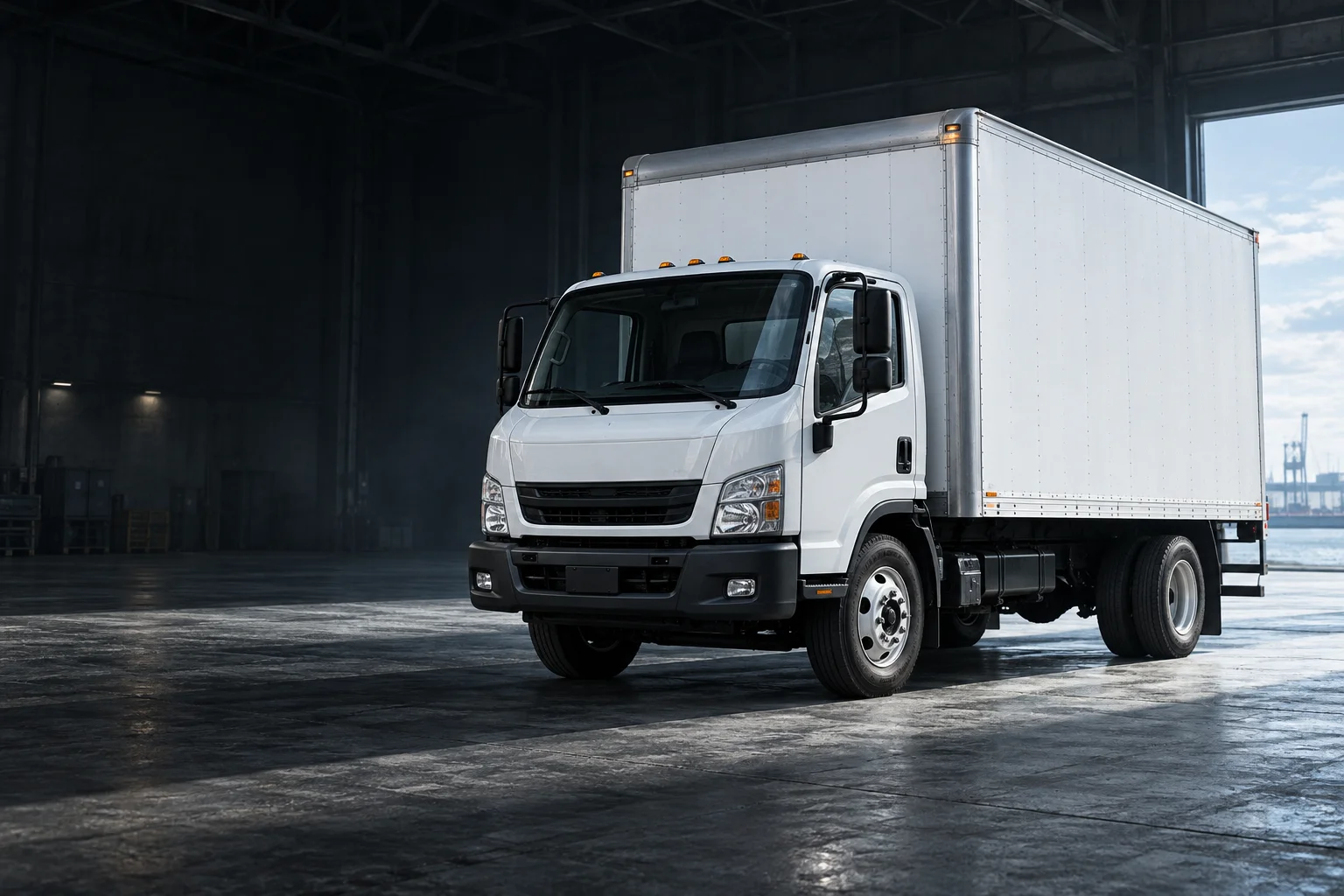 Illustrative Class B white straight commercial truck in a spacious warehouse